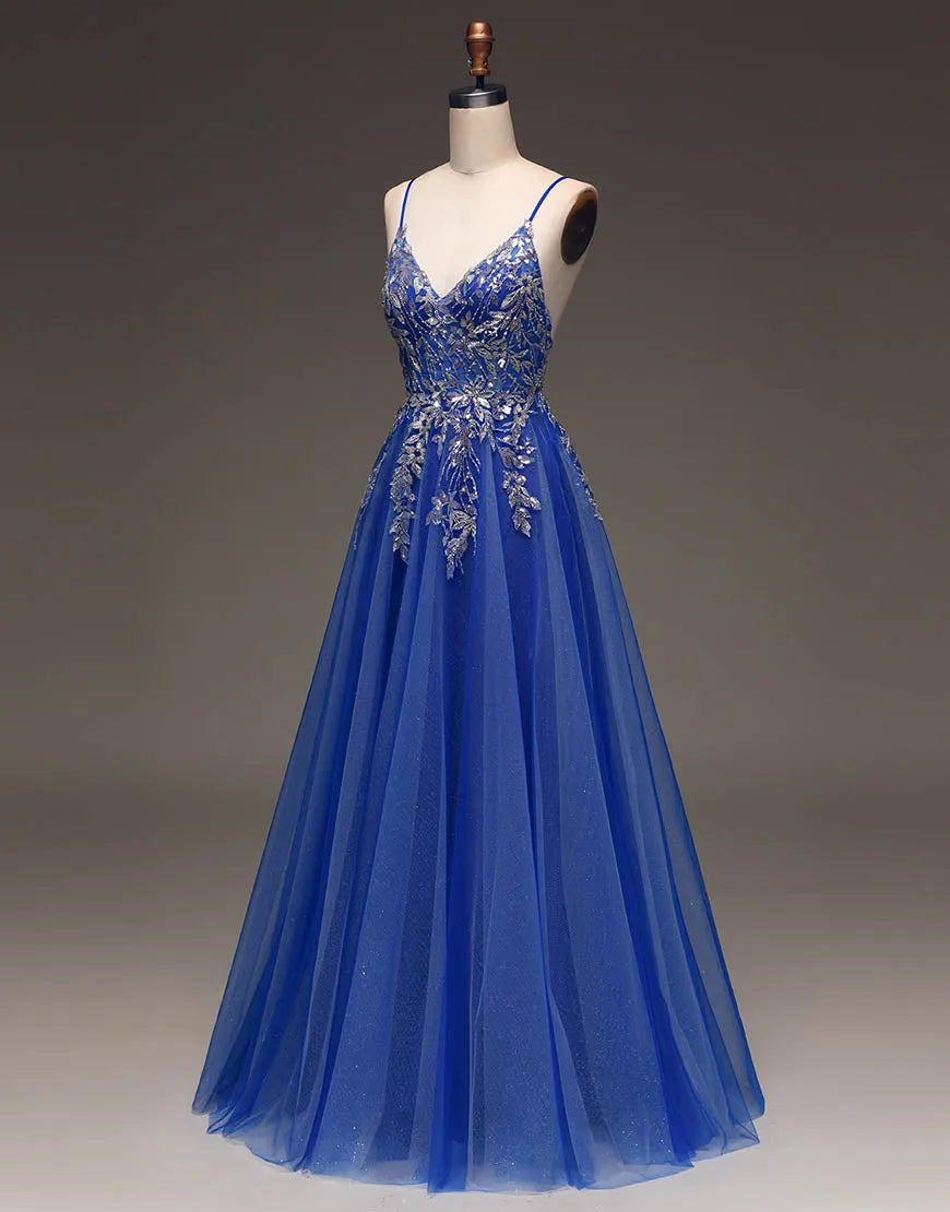 A-Linie Spaghettiträger Langes Glitzer Tüll Ballkleid