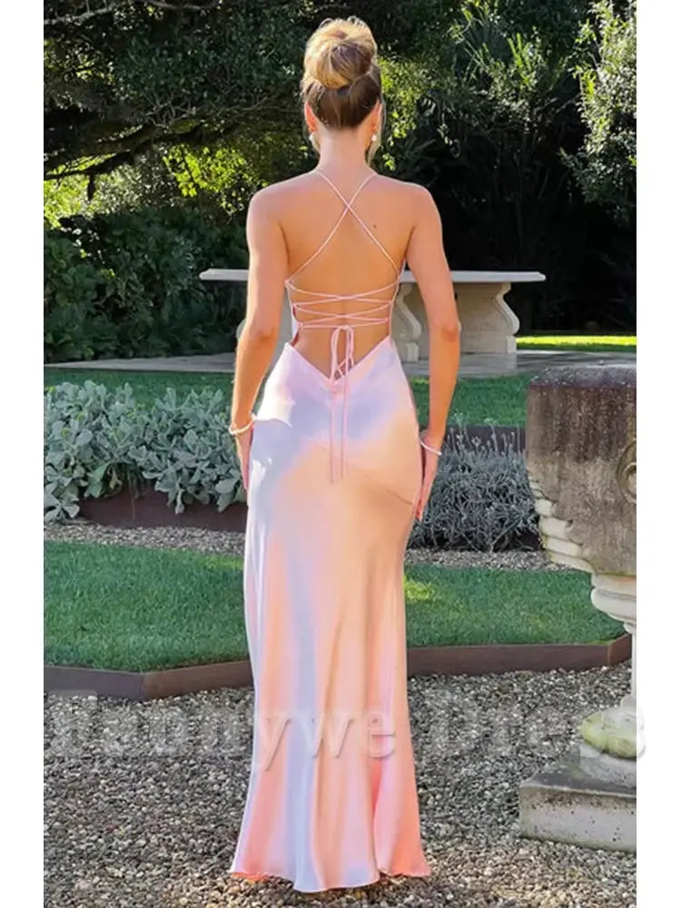 Elegant Spaghetti Strap Backless Lace-Up Split Satin formal dresses Bridesmaid Dresses evening gown Prom Dress