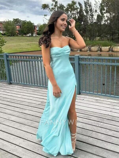 A-Linie Einfache Träger Satin Hellblau Lange Abendkleider Brautjungfernkleider Abendkleid Ballkleid 