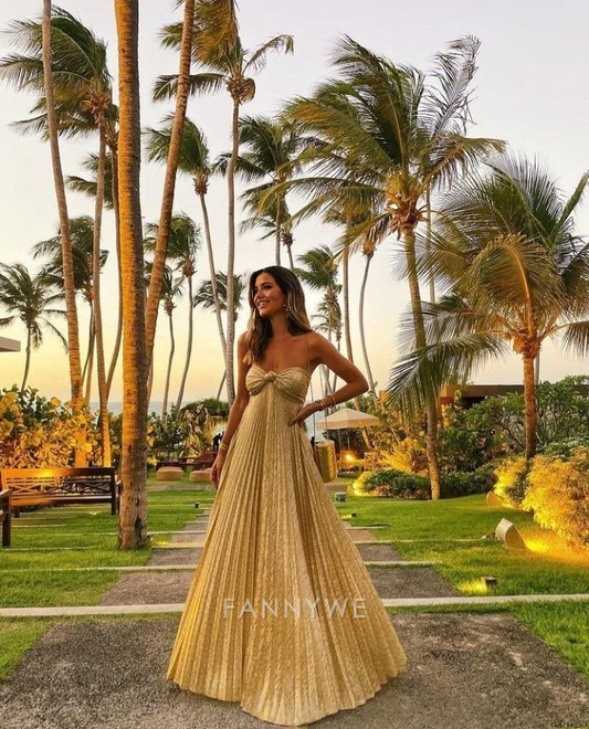 A-Linie Trägerlos Plissee Gold Lange Abendkleider Brautjungfernkleider Abendkleid Ballkleid 