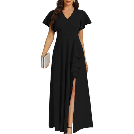 A-Linie V-Ausschnitt Rüschen Partykleider Abendkleider Brautjungfernkleider Abendkleid Ballkleid mit Schlitz