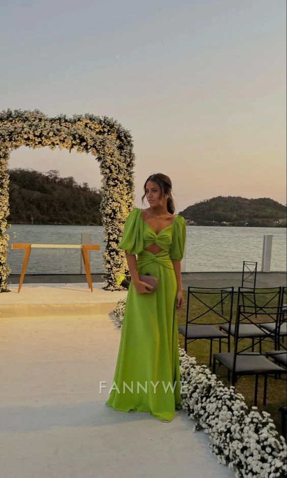 A-line Half Sleeves Green Long formal dresses Bridesmaid Dresses evening gown Prom Dress