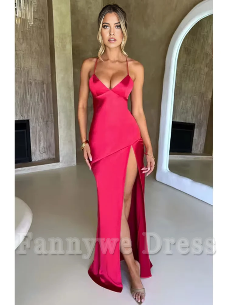 Elegant Spaghetti Strap Backless Lace-Up Split Satin formal dresses Bridesmaid Dresses evening gown Prom Dress