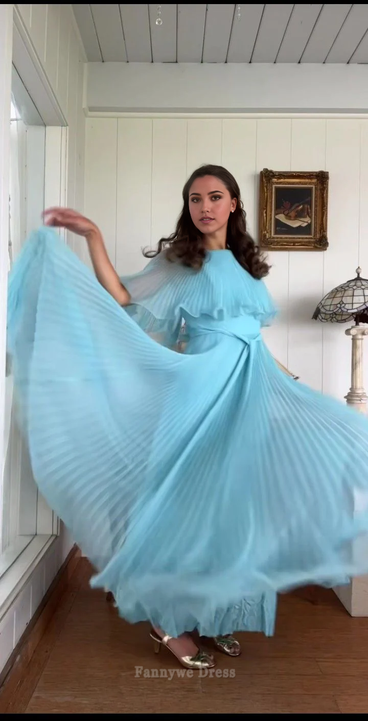 A-Line Elegant Pleated Chiffon Vintage Blue Long formal dresses Bridesmaid Dresses evening gown Prom Dress