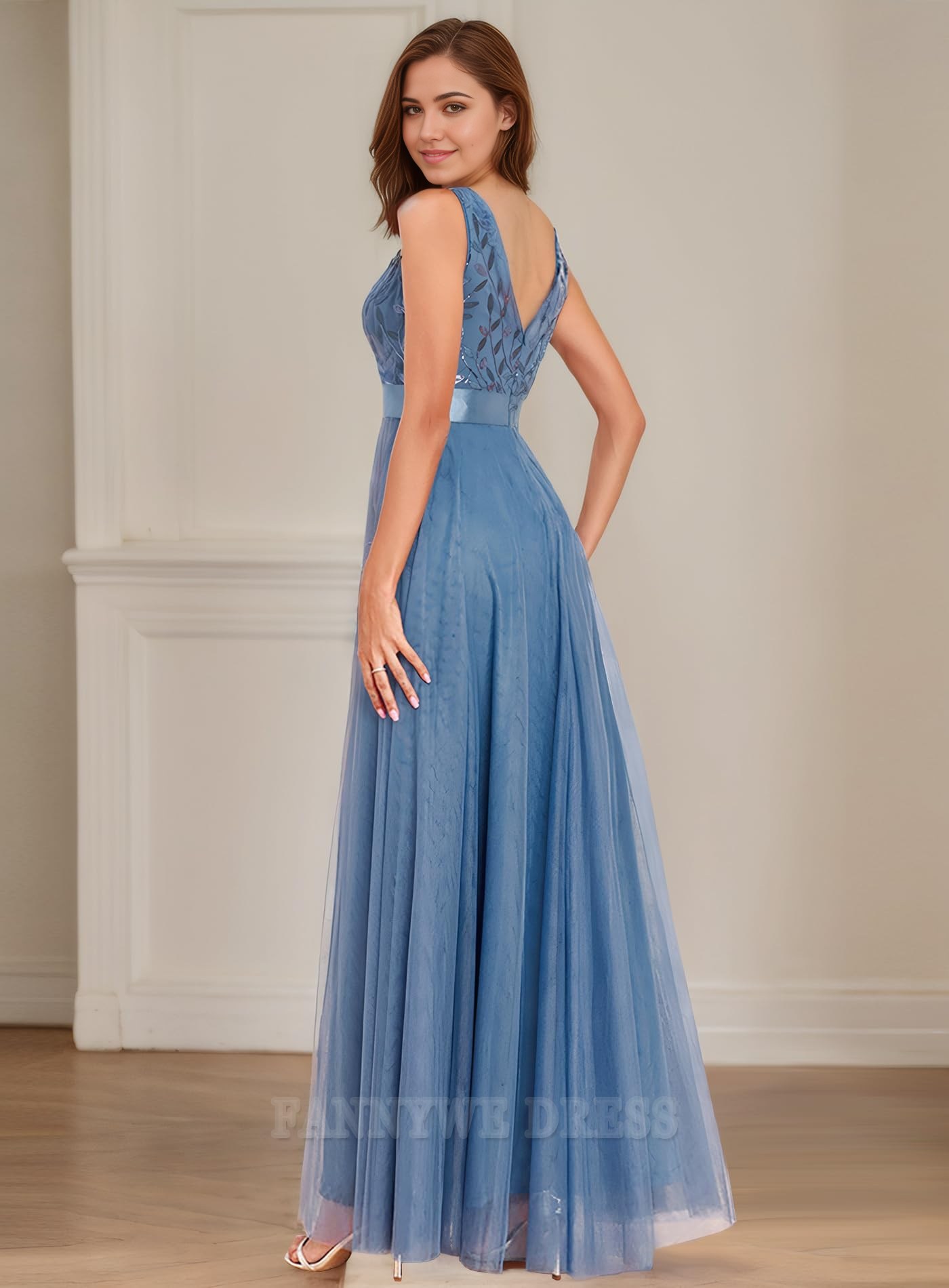 A Line V Neck Sparkly Sequin Tulle formal dresses Bridesmaid Dresses evening gown Prom Dress