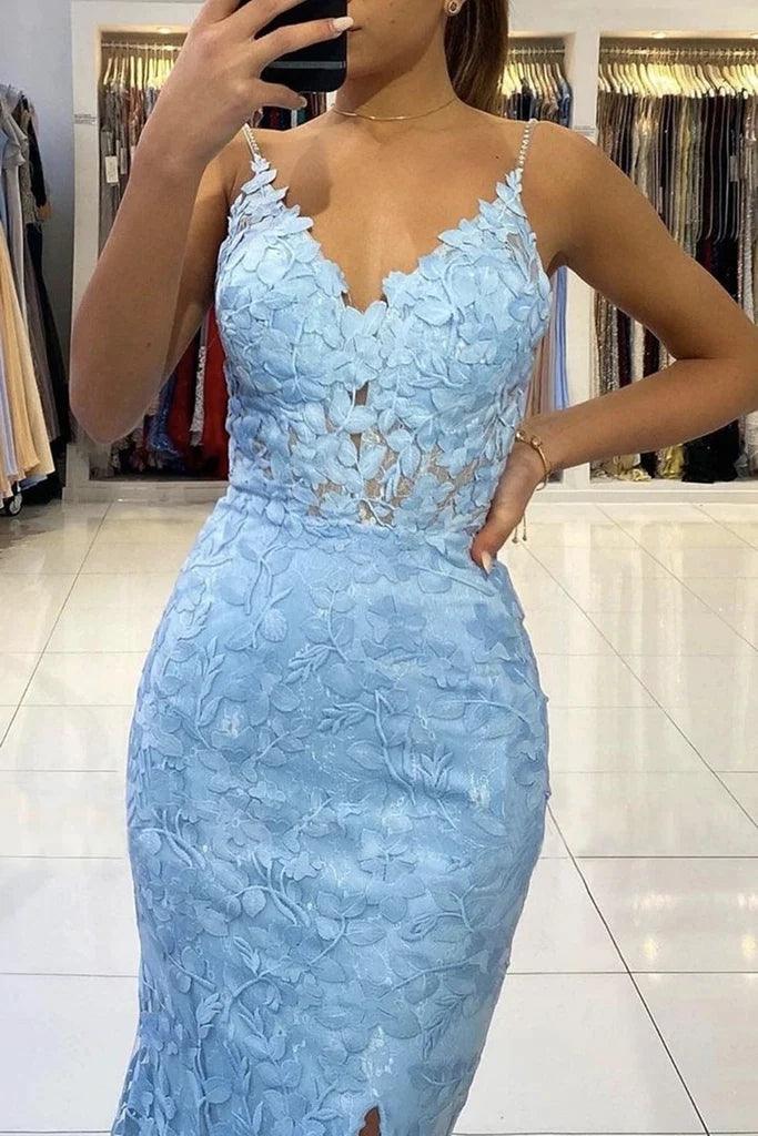 Mermaid V Neck Backless Lace Long Prom Dress