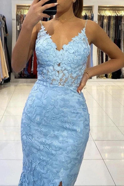 Vestido de fiesta largo de encaje con escote en V y espalda descubierta de sirena