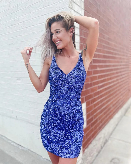 Glitter Blue Sequins Short Prom Dress Homecoming Party Dress