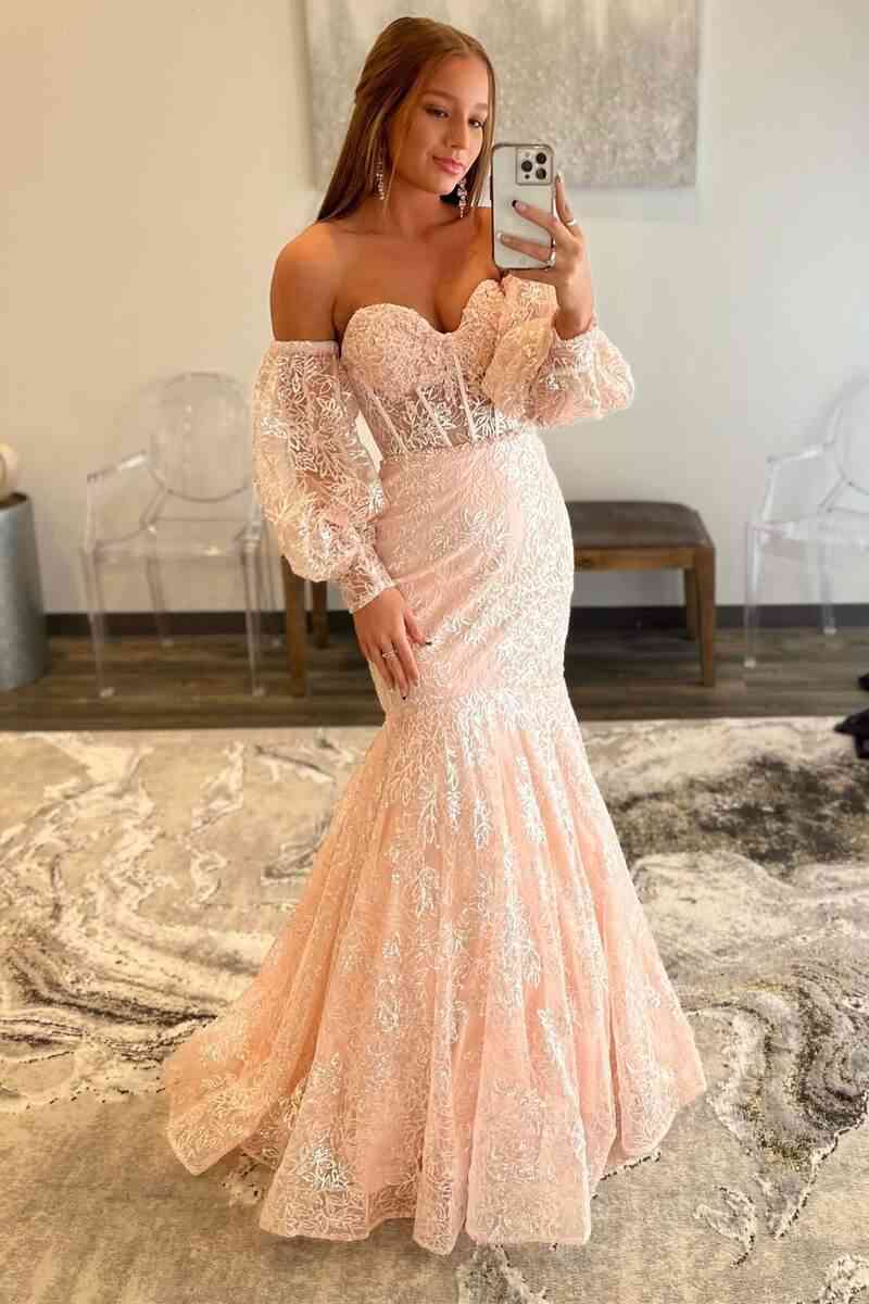 Vestido de fiesta con corsé de encaje transparente y escote corazón de sirena