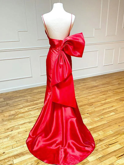 Vestido de fiesta largo de satén con escote en V y lazo de sirena