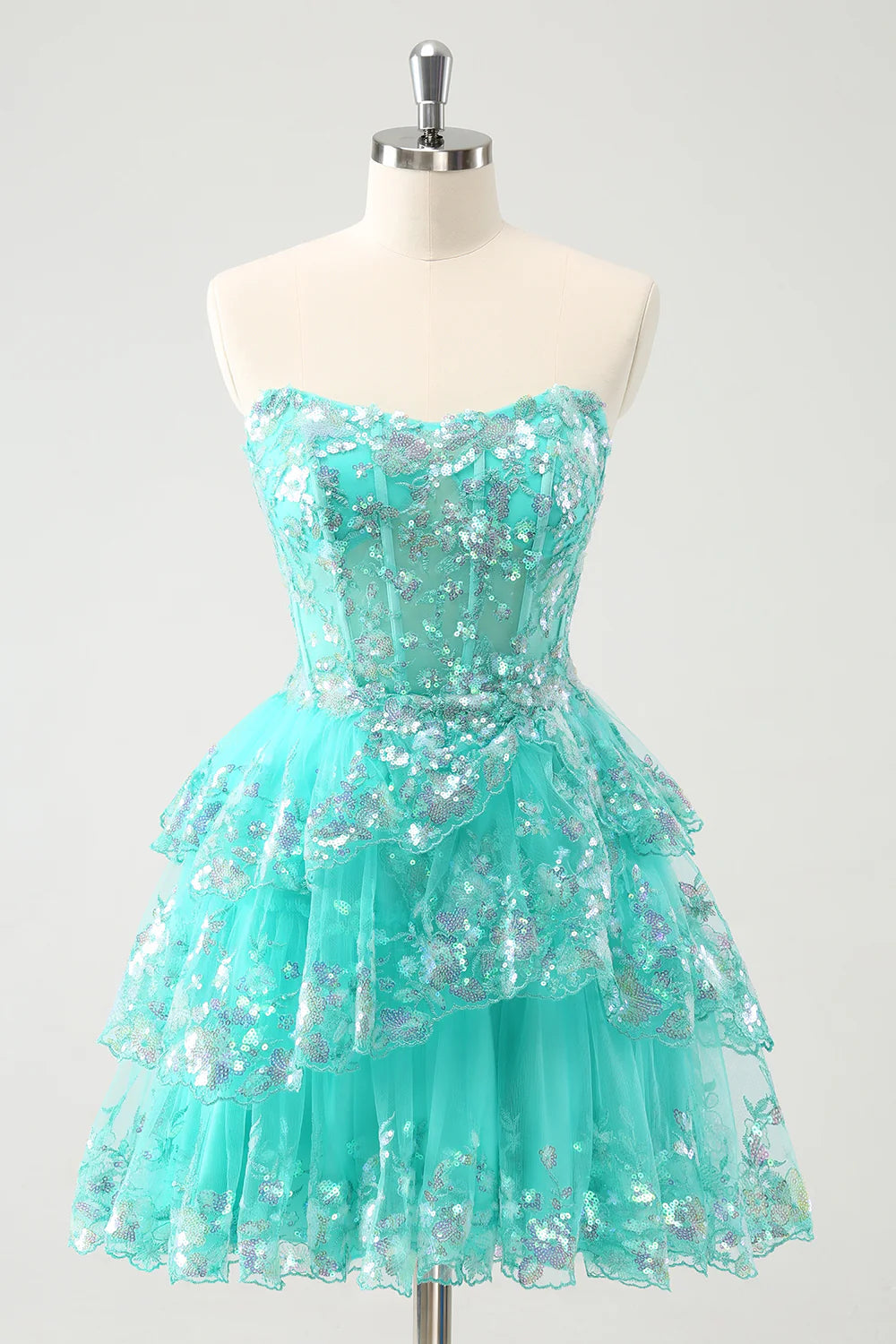 A Line Strapless Sequined Cute Glitter Tiered Corset Homecoming Dress