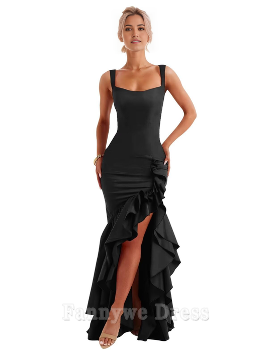 Meerjungfrau Square Neck Lange Rüschen Abendkleider Brautjungfernkleider Abendkleid Ballkleid 