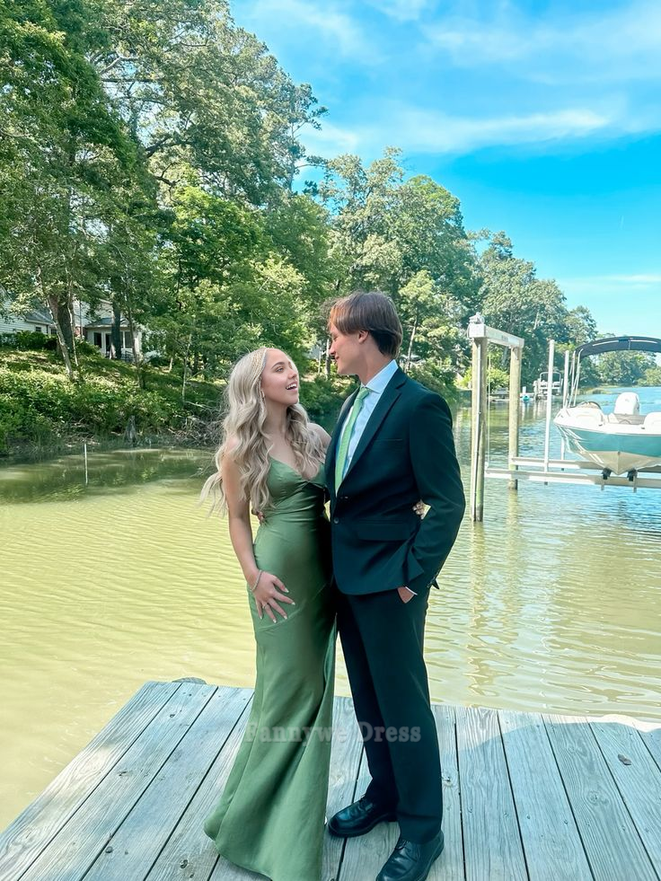 Sheath V Neck Satin Green Long formal dresses Bridesmaid Dresses evening gown Prom Dress