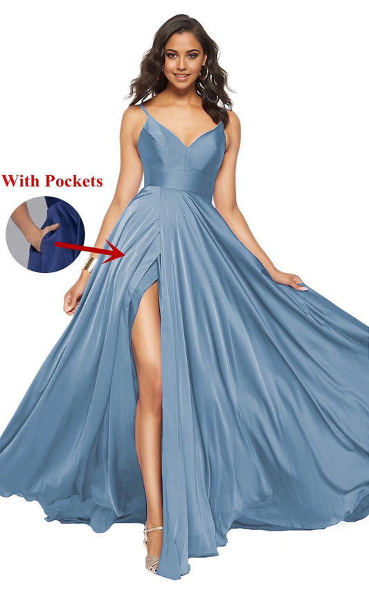 A-Linie Spaghettiträger Satin Abendkleider Abendkleid Ballkleid mit Schlitz