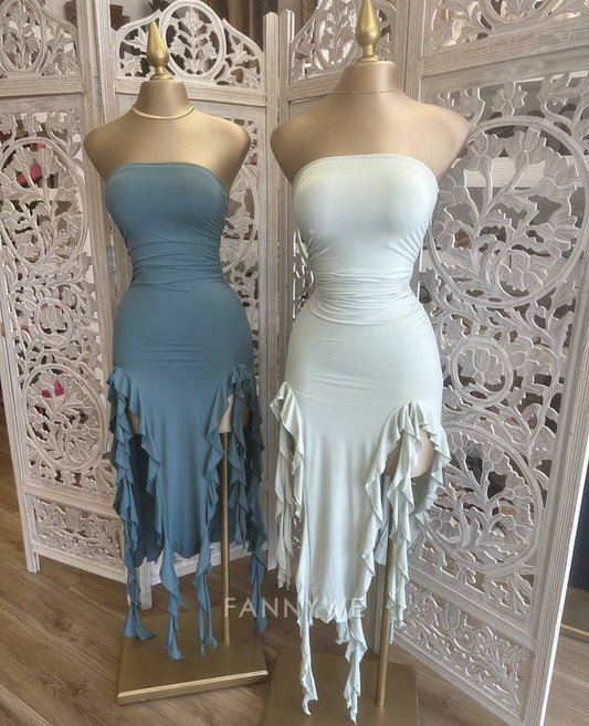 Etuikleid Trägerlos Rüschen Weiß Lange Abendkleider Brautjungfernkleider Abendkleid Ballkleid 