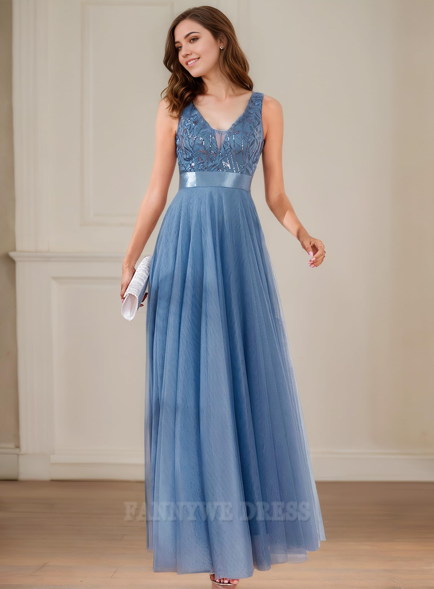 A Line V Neck Sparkly Sequin Tulle formal dresses Bridesmaid Dresses evening gown Prom Dress