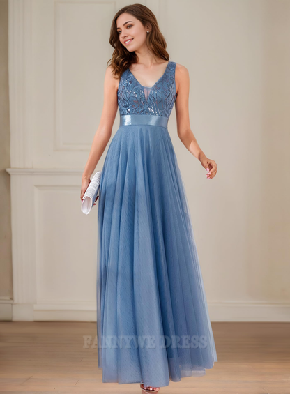 A Line V Neck Sparkly Sequin Tulle formal dresses Bridesmaid Dresses evening gown Prom Dress