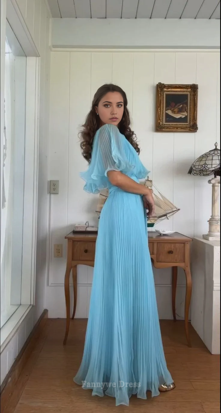 A-Line Elegant Pleated Chiffon Vintage Blue Long formal dresses Bridesmaid Dresses evening gown Prom Dress