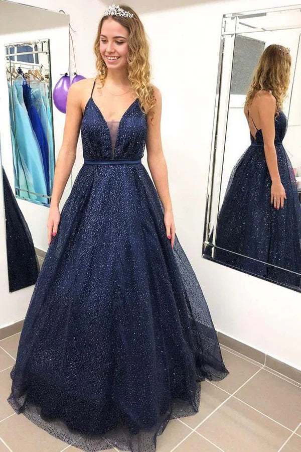 Sparkly Ball Gown V-neck Open Back Spaghetti Straps Prom Dresses