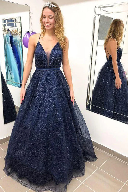 Sparkly Ball Gown V-neck Open Back Spaghetti Straps Prom Dresses