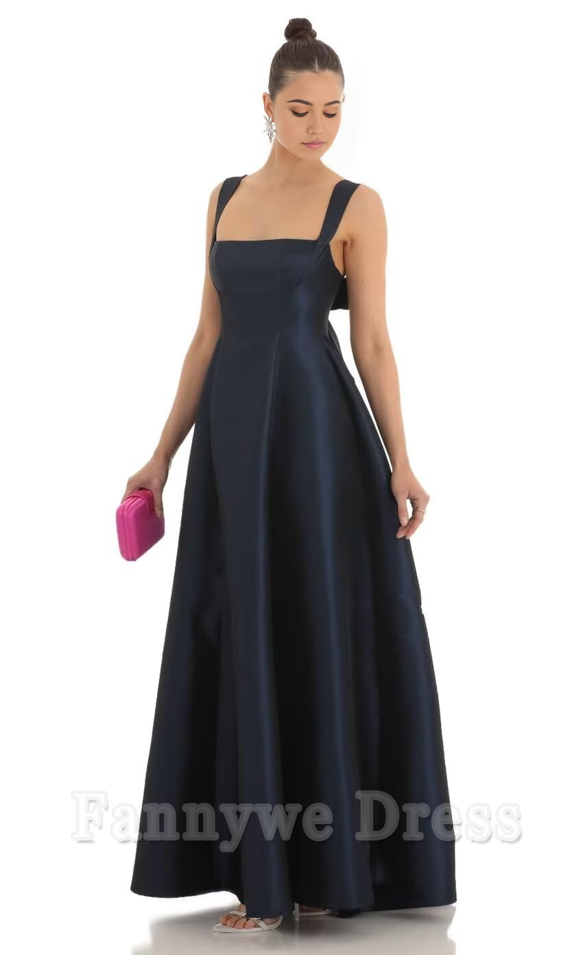 A Line Spaghetti Straps Satin formal dresses Bridesmaid Dresses evening gown Prom Dress Bow Bodycon