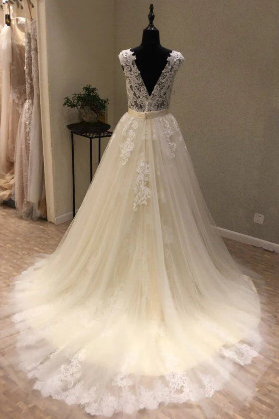 V neck tulle lace long Wedding Dresses