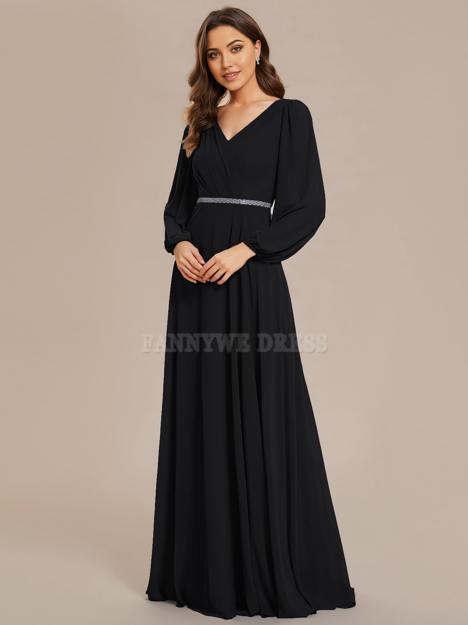 A Line V Neck Long Sleeve Beading formal dresses Bridesmaid Dresses evening gown Prom Dress