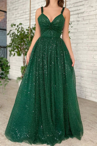 A-Linie V-Ausschnitt Bodenlang Tüll Funkelndes Ballkleid mit Perlen Pailletten Glitzer