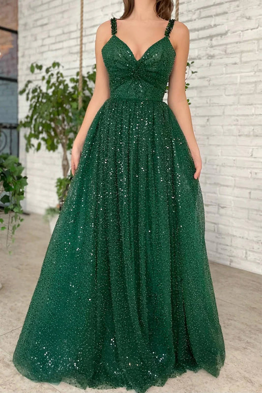 A-Linie V-Ausschnitt Bodenlang Tüll Funkelndes Ballkleid mit Perlen Pailletten Glitzer
