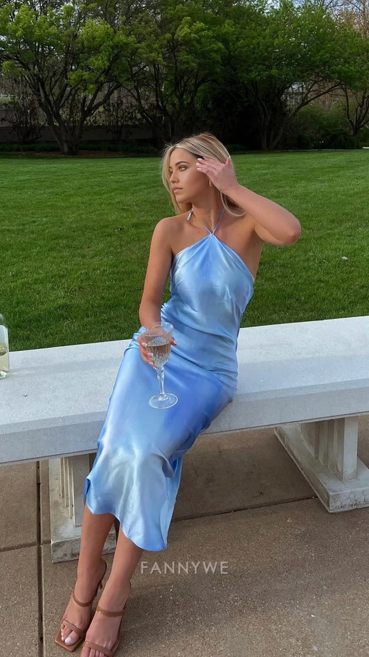 Vestido de noche azul midi de corte halter, sencillo, para dama de honor, para fiesta de graduación 