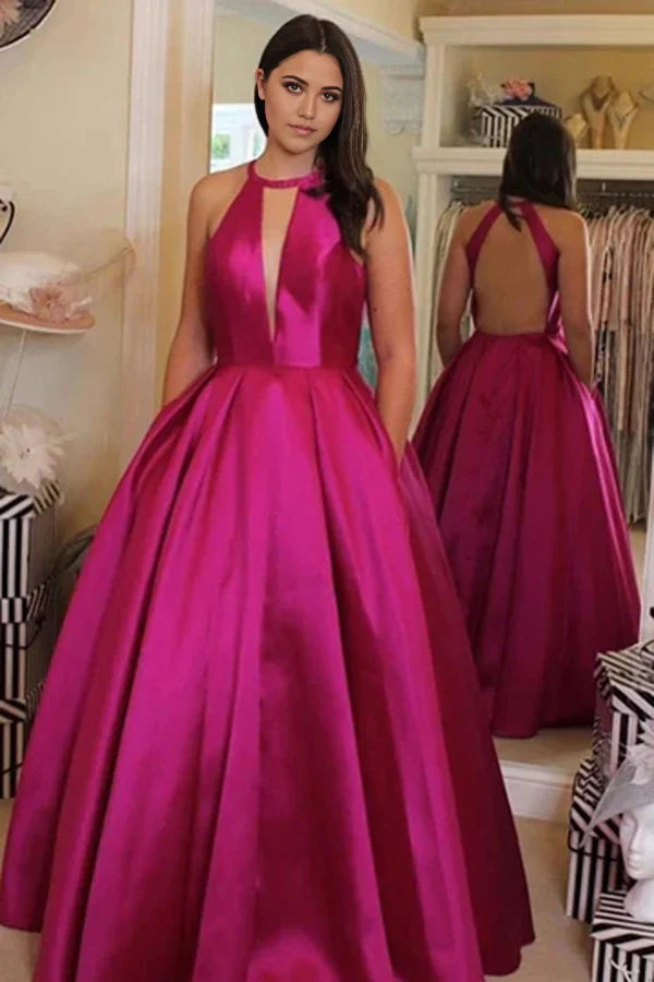 A-line V Neck Backless Satin Ball Gown Evening Dress Prom Dress