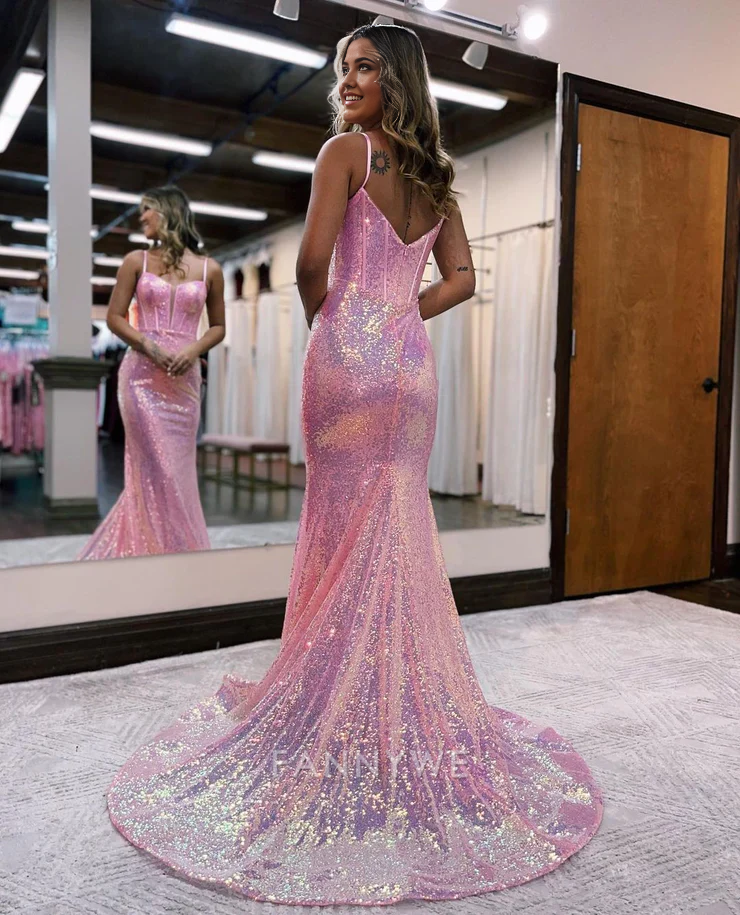 Mermaid Sparkly Sweetheart Pink Sequins Long formal dresses Bridesmaid Dresses evening gown Prom Dress