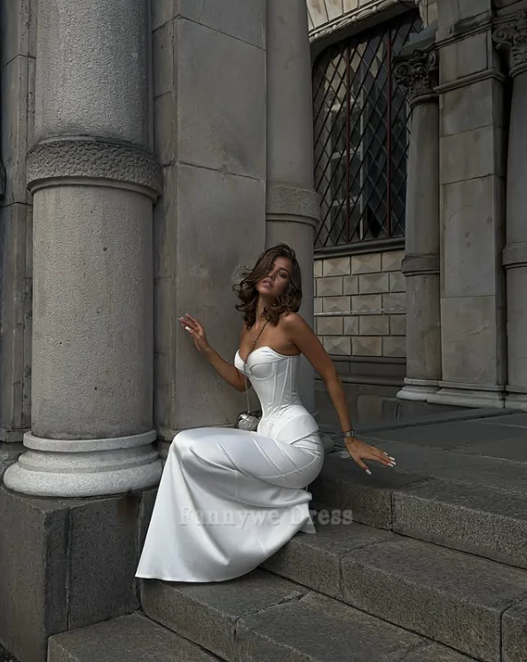 Sirena Escote Corazón Corsé Satén Blanco Vestidos Largos Formales Vestidos de Dama de Honor Vestido de Noche Vestido de Fiesta 