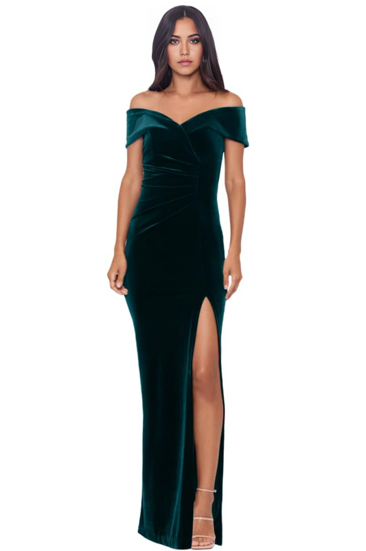 Vestido formal largo de terciopelo con hombros descubiertos y cremallera en la espalda, para dama de honor, de noche y fiesta. 