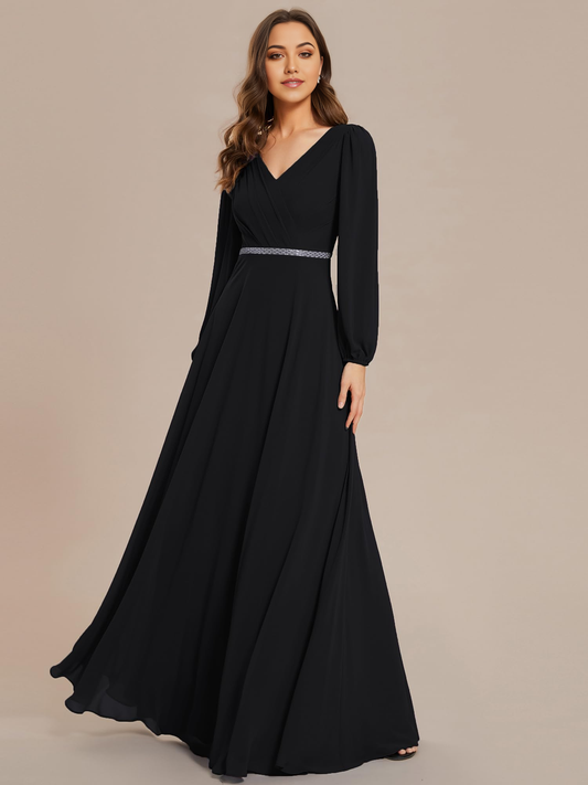 A Line V Neck Long Sleeve Beading formal dresses Bridesmaid Dresses evening gown Prom Dress