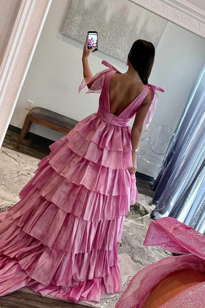 A-line Glitter Tie Straps Plunging Neck Tiered Long Prom Dress
