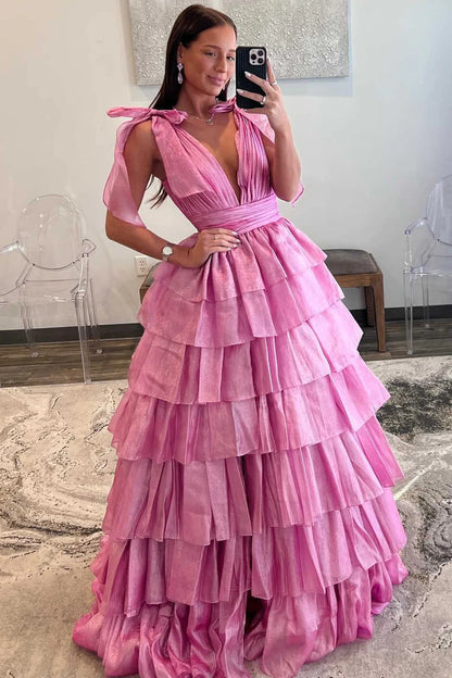 A-line Glitter Tie Straps Plunging Neck Tiered Long Prom Dress