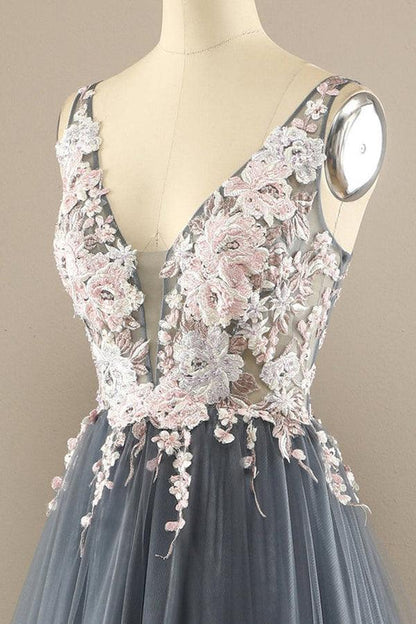 A line V Neck Tulle Lace Prom Dress