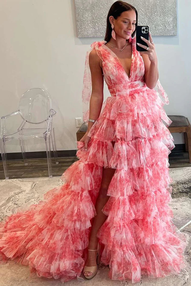 Vestido de fiesta largo en capas con estampado floral, escote en V, tirantes anudados y corte A