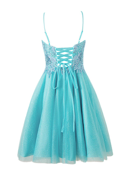 A-line Short Spaghetti Strap Glitter Tulle Homecoming Dress