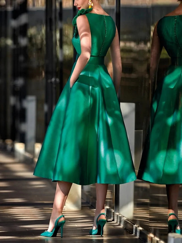 Vestidos para madre de la novia con corte en A, escote en V, sin mangas, apliques, largo hasta la rodilla