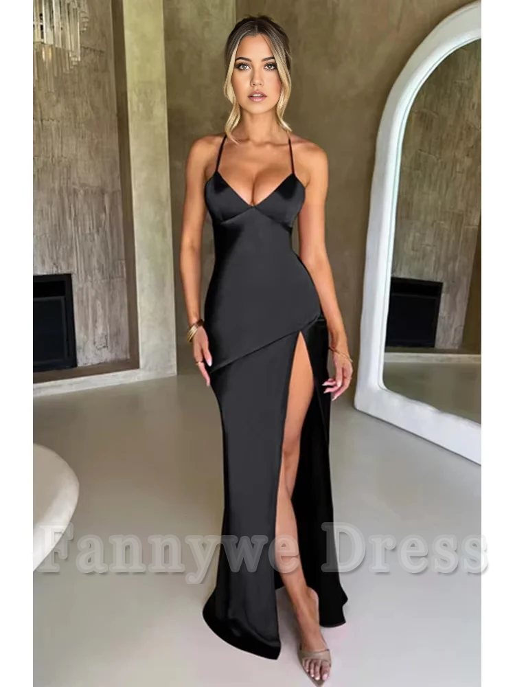 Elegant Spaghetti Strap Backless Lace-Up Split Satin formal dresses Bridesmaid Dresses evening gown Prom Dress