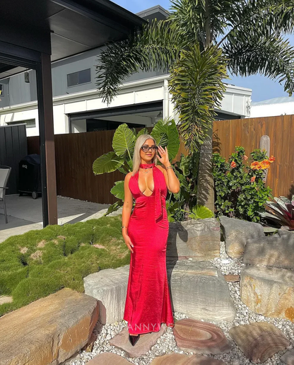 Sheath Halter V Neck Sexy Red Satin Long formal dresses Bridesmaid Dresses evening gown Prom Dress