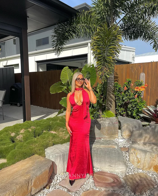 Etuikleid Neckholder V-Ausschnitt Sexy Rot Satin Lange Abendkleider Brautjungfernkleider Abendkleid Ballkleid 
