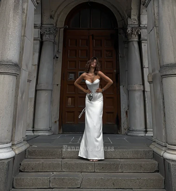 Sirena Escote Corazón Corsé Satén Blanco Vestidos Largos Formales Vestidos de Dama de Honor Vestido de Noche Vestido de Fiesta 