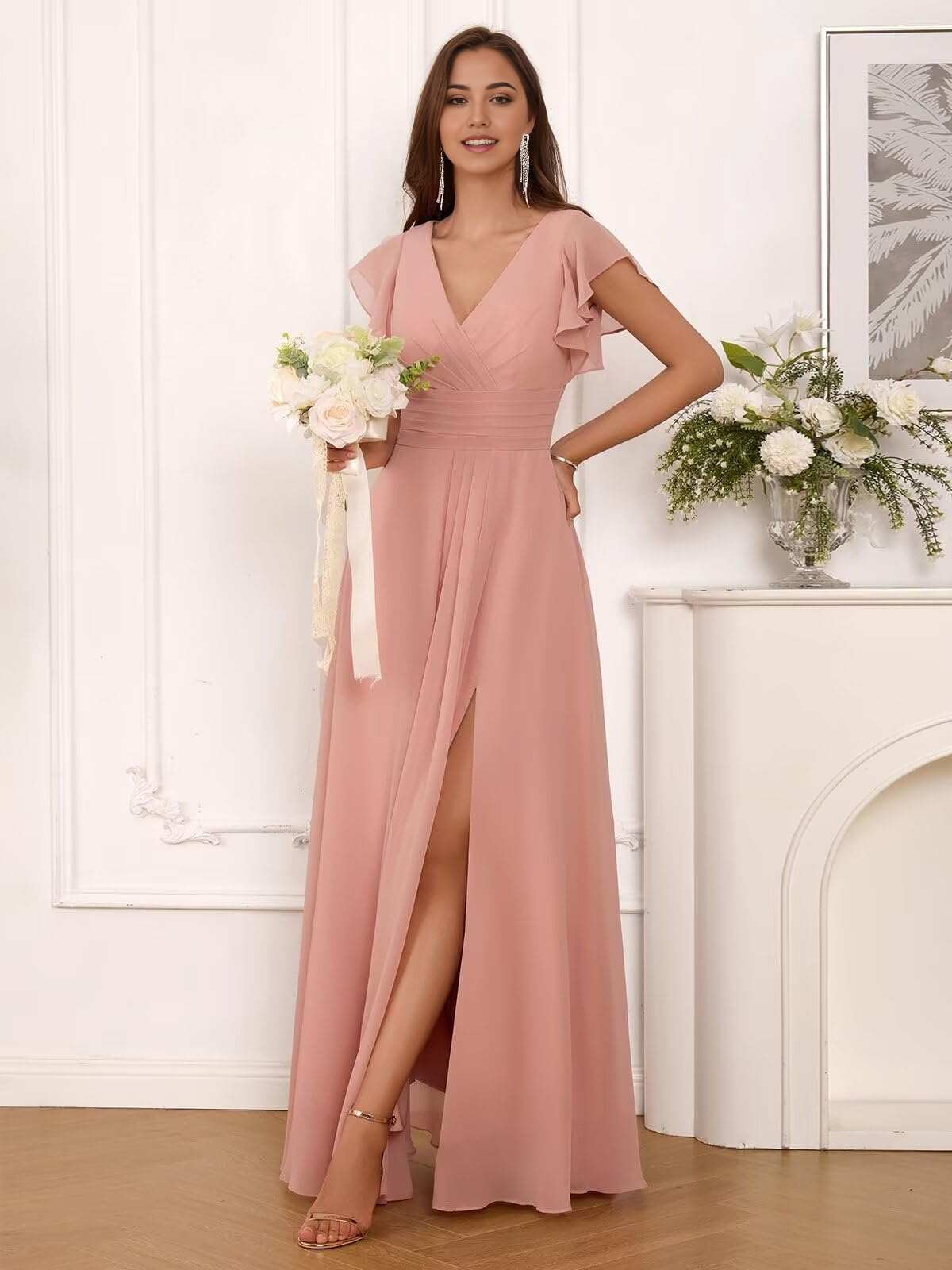 A Line V Neck Ruffle Sleeve Pleated Long Chiffon formal dresses evening gown Prom Dress with Slit