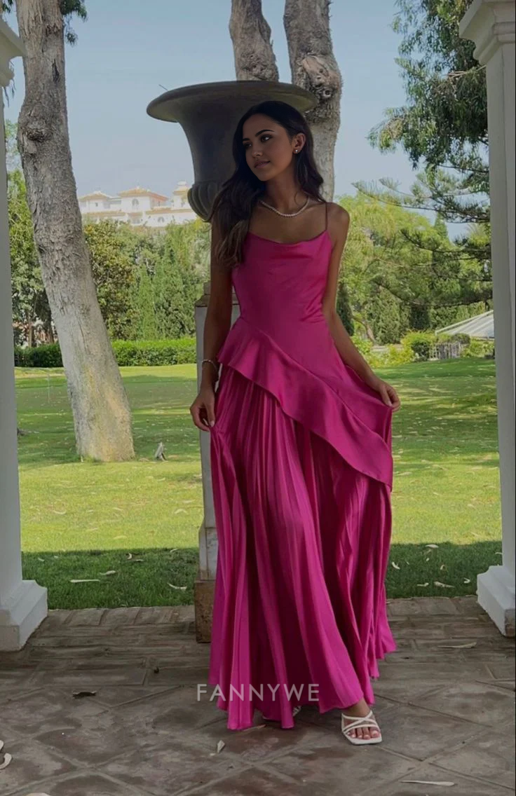 A-Line Spaghetti Straps Satin Hot Pink Long formal dresses Bridesmaid Dresses evening gown Prom Dress