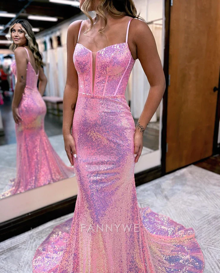Mermaid Sparkly Sweetheart Pink Sequins Long formal dresses Bridesmaid Dresses evening gown Prom Dress