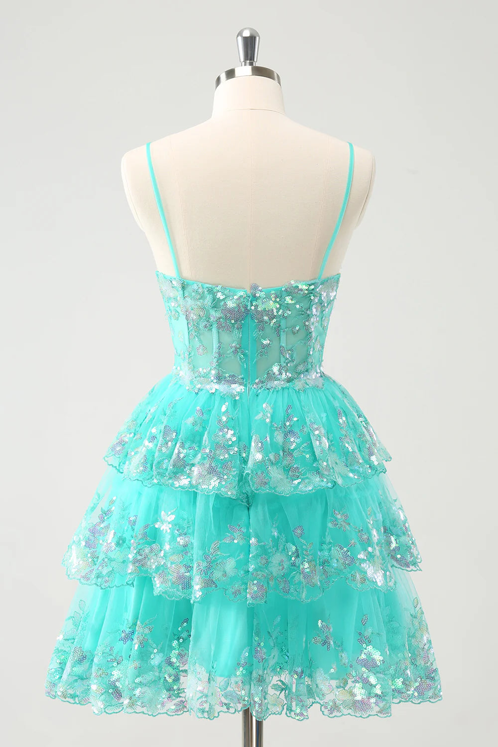 A-Line Cute Sparkly Spaghetti Straps Tiered Homecoming Dress with Sequins