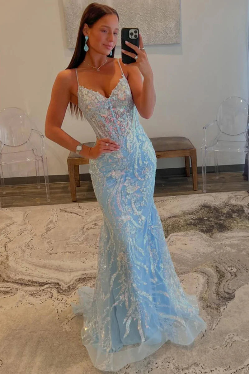 Vestido de fiesta con escote en V, tirantes de sirena y apliques de lentejuelas